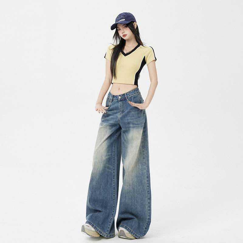 Women's Washed Vintage Blue Draped Loose High-Waist Wide-Leg Jeans | MuddyStock Originals MuddyStock