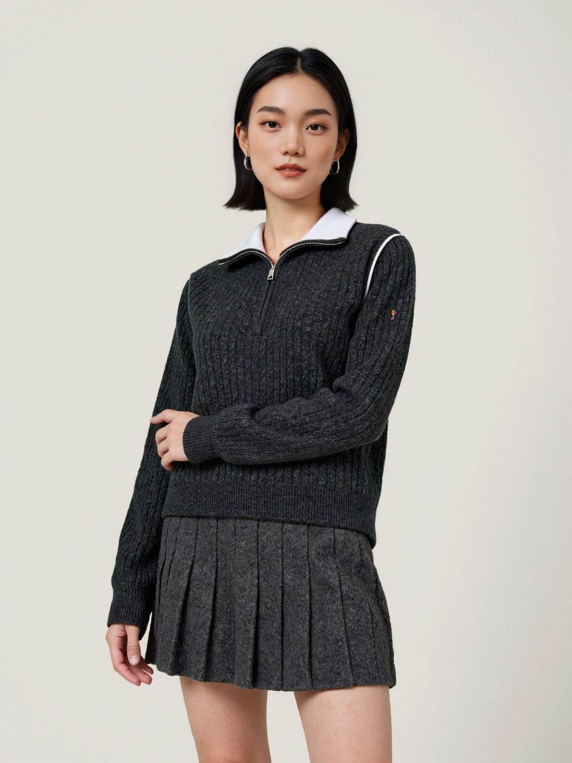 Half-Zip Turn-Down Collar Wool Sweater For Women | MuddyStock Originals Black and Gray MuddyStock