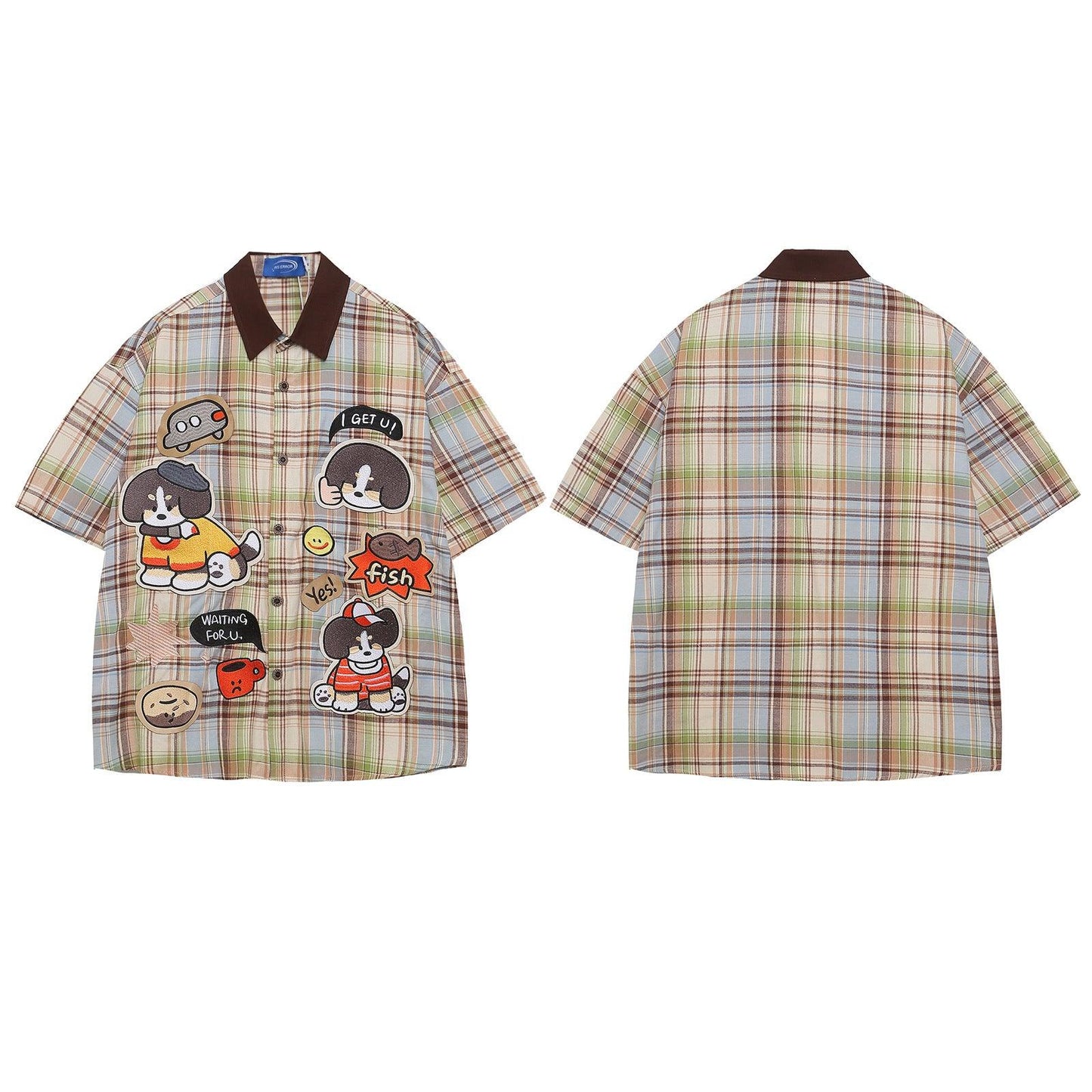 Retro Cartoon Embroidery Plaid Short Sleeve Shirt For Men | MuddyStock Originals