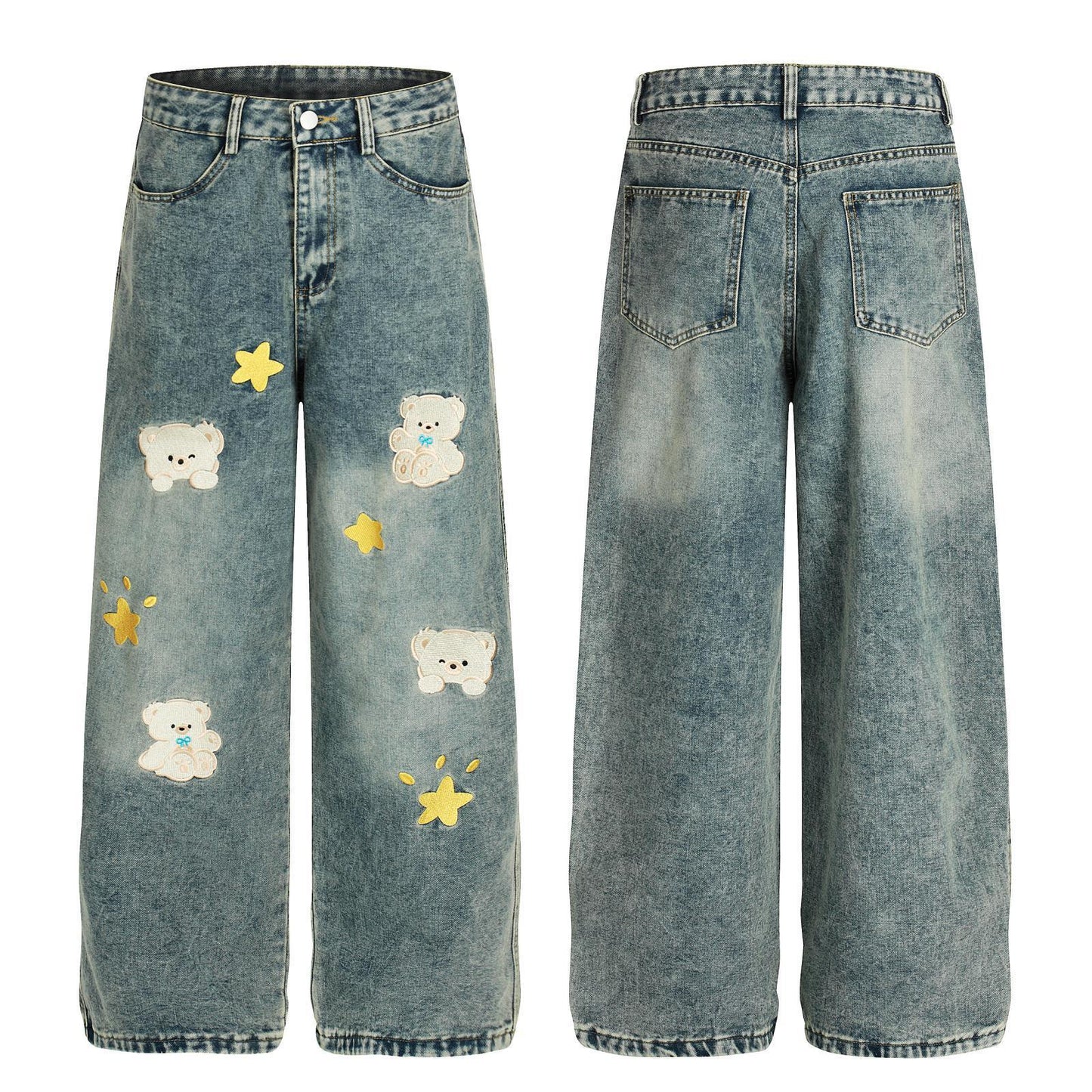 Casual Loose Fit Cartoon Embroidery Distressed Denim Pants For Women | MuddyStock Originals