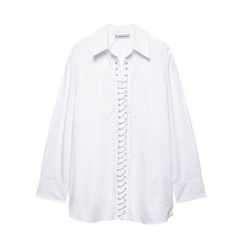 European And American Style Solid Color Loose Casual Front Lace-up Shirt MuddyStock