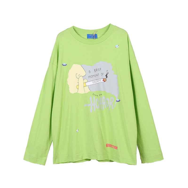 Thin Cartoon Print Pullover Long-sleeved T-shirt For Women Fluorescent green null
