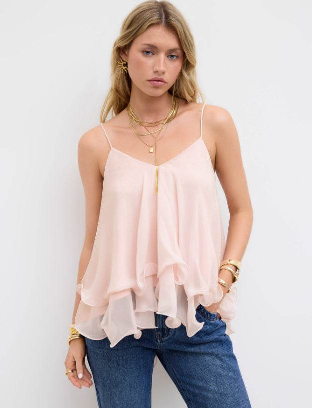 Mesh Camisole Short Top With Laminated Ruffles MuddyStock