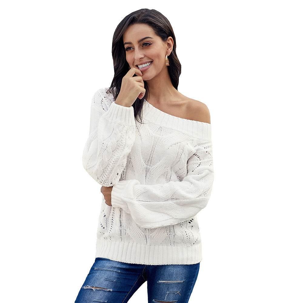 Thick Women's Diagonal Collar Long-sleeved Off-the-shoulder Loose Pullover Sweater White