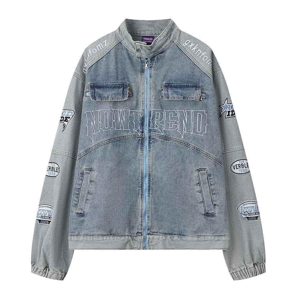 Men's Stitching Embroidered Letters Washed And Worn Zipper Denim Coat For Men And Women MuddyStock