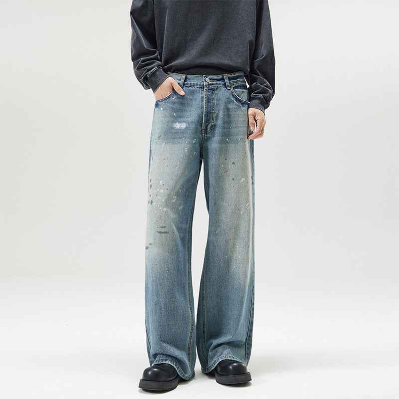 American-style Splash-ink Washed Loose Jeans For Men MuddyStock