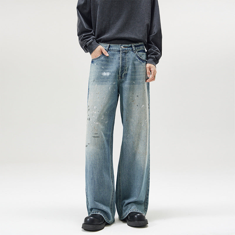 American-style Splash-ink Washed Loose Jeans For Men Ice Blue MuddyStock