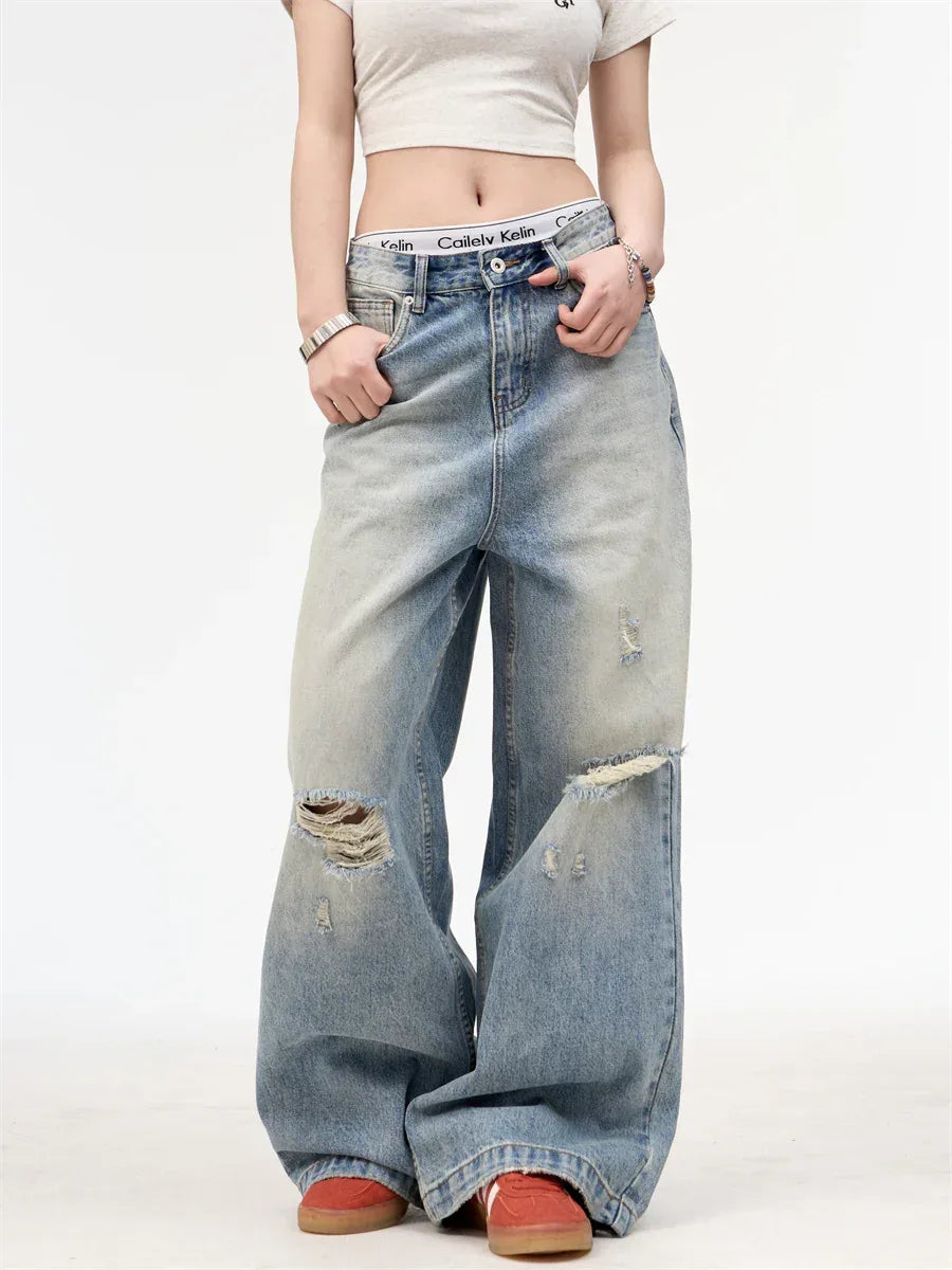 Retro Worn Looking Washed-out Straight Jeans For Men And Women