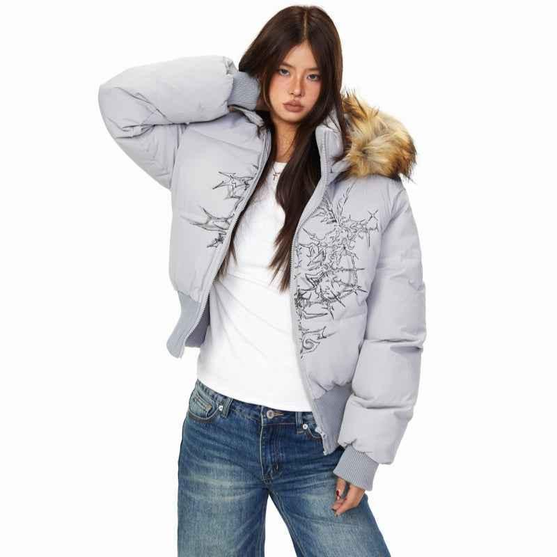 Detachable Fur Collar Printed Hoodie For Women Gray
