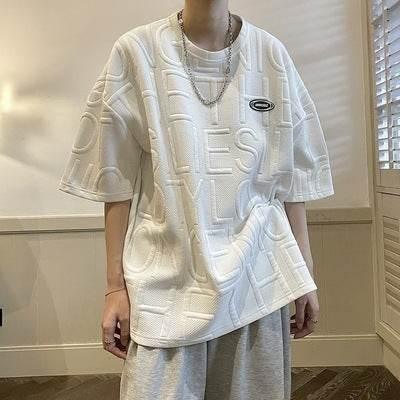 Summer Three-dimensional Letter Men's Short Sleeve Retro Loose White