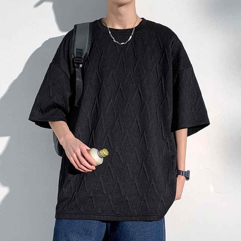 Mid-sleeve Bottoming Shirt Men's Round Neck Jacquard Solid Color Plus Size T-shirt Black MuddyStock