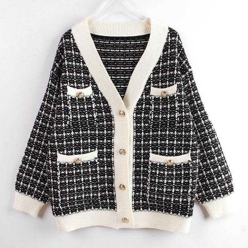 Knitted Jacket Women's Cardigan Plaid Loose Thickening Small Fragrance Style Foreign Style Black Onesize MuddyStock
