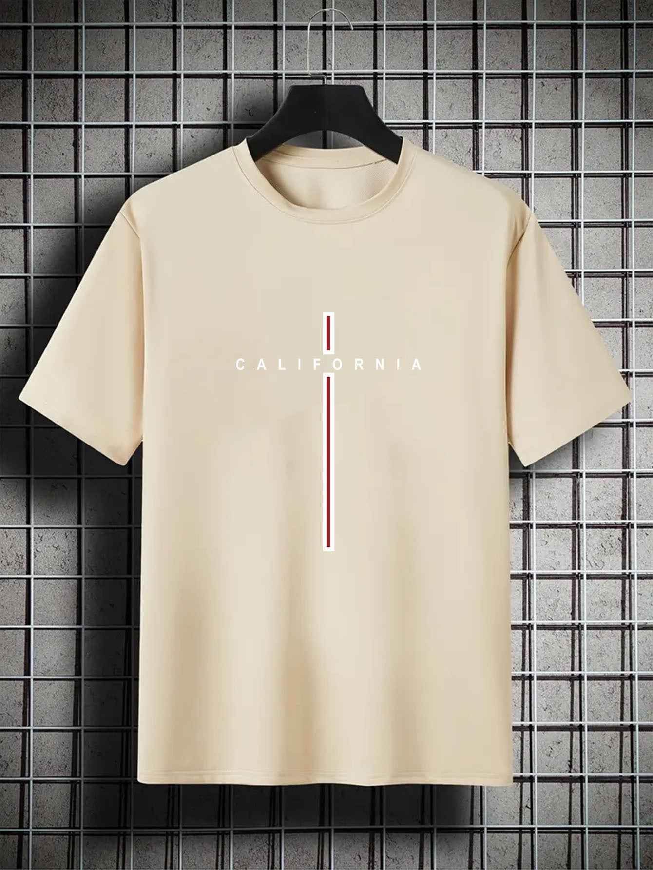 Men's Letter Vertical Line Printing Casual All-match Short-sleeved Apricot MuddyStock