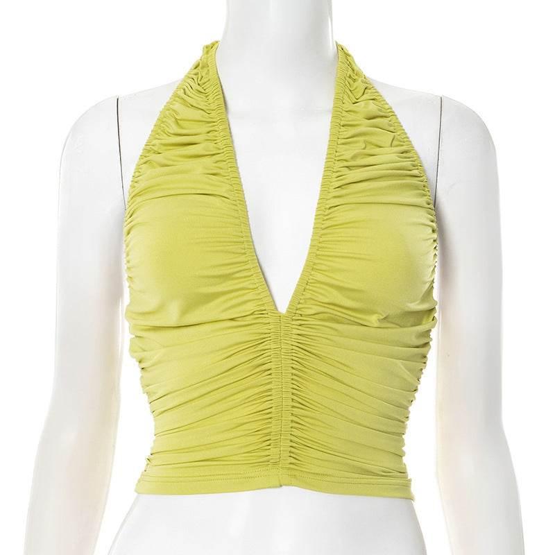 Women's V-neck Pleated Backless Camisole Green MuddyStock