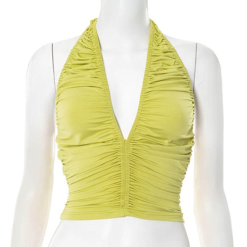 Women's V-neck Pleated Backless Camisole Green