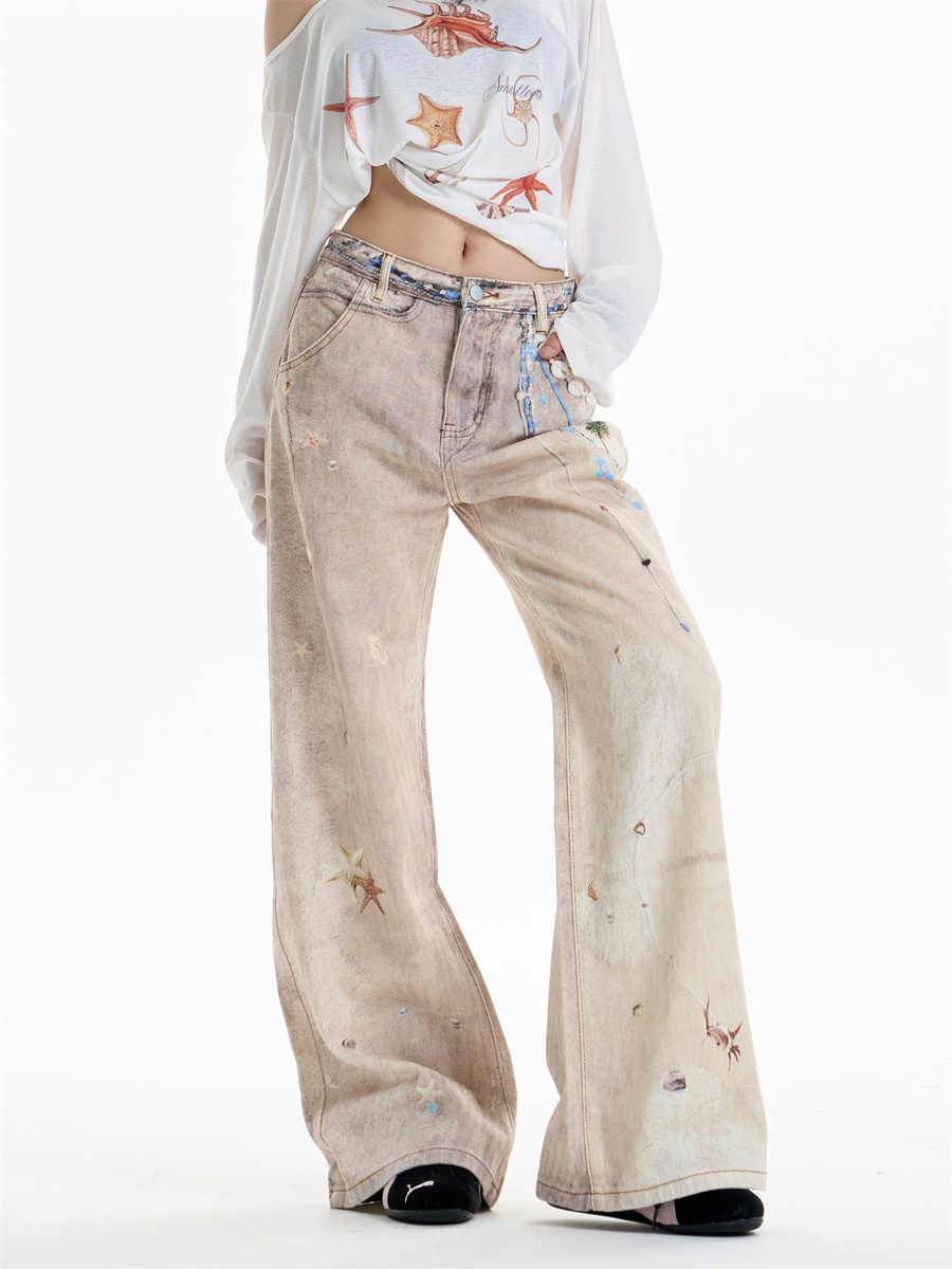 Retro Chain Print Worn Women's Straight Wide-leg Pants MuddyStock