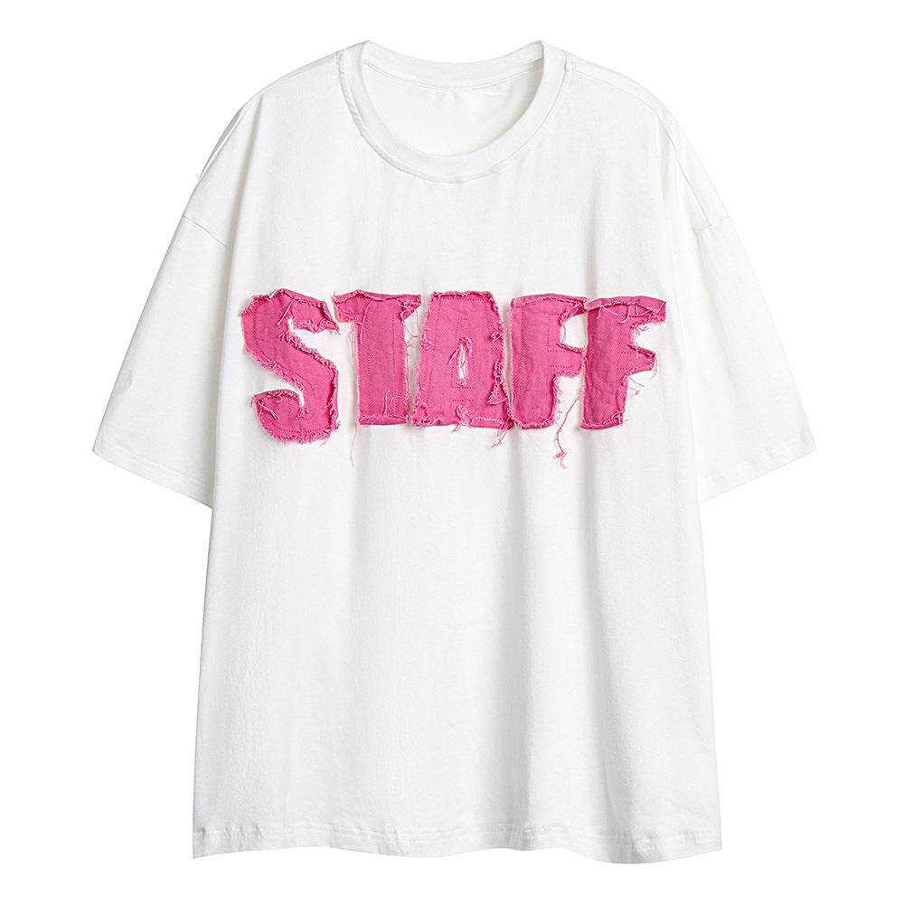 Letter Denim Patch Short Sleeve Clothing White MuddyStock