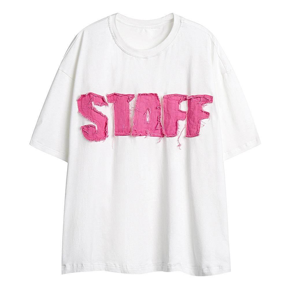Letter Denim Patch Short Sleeve Clothing White