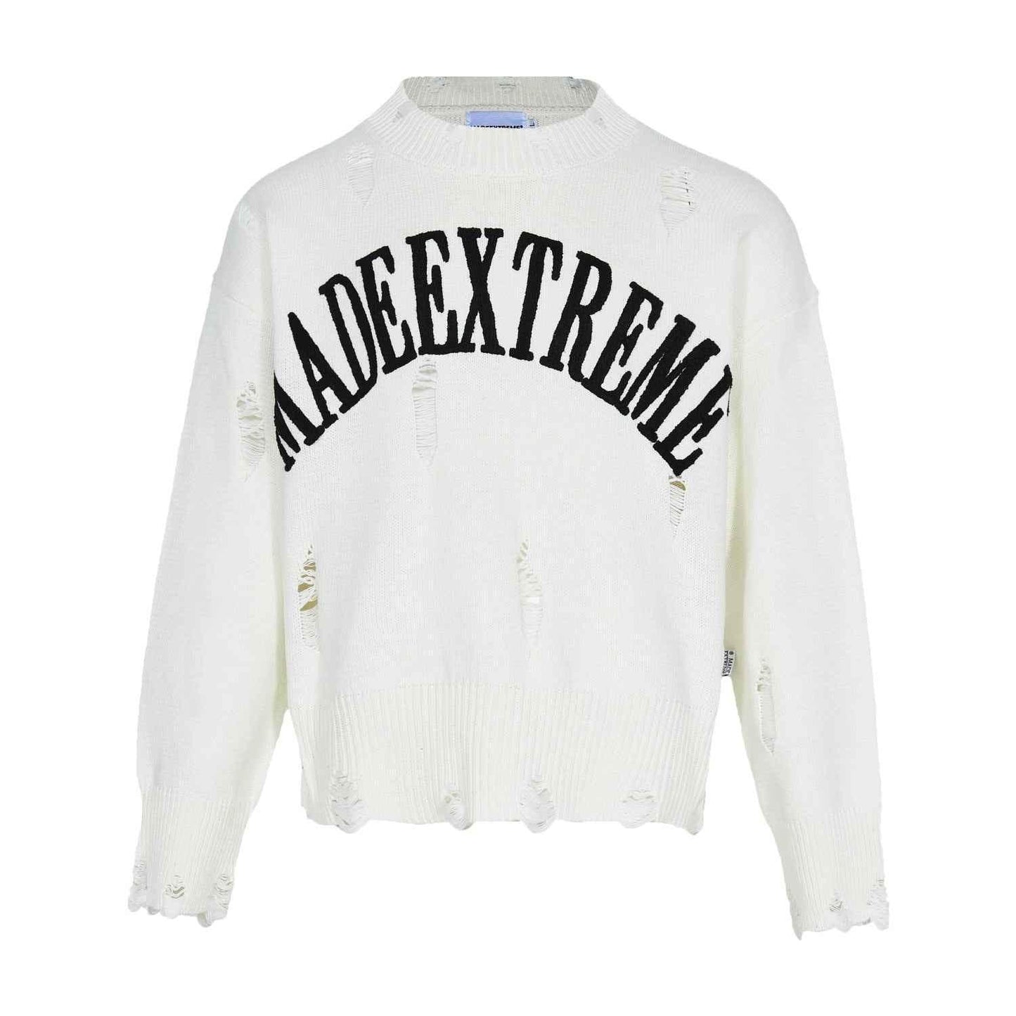 Letter Idle Style Wormhole Damaged Knitted Sweater For Men And Women White