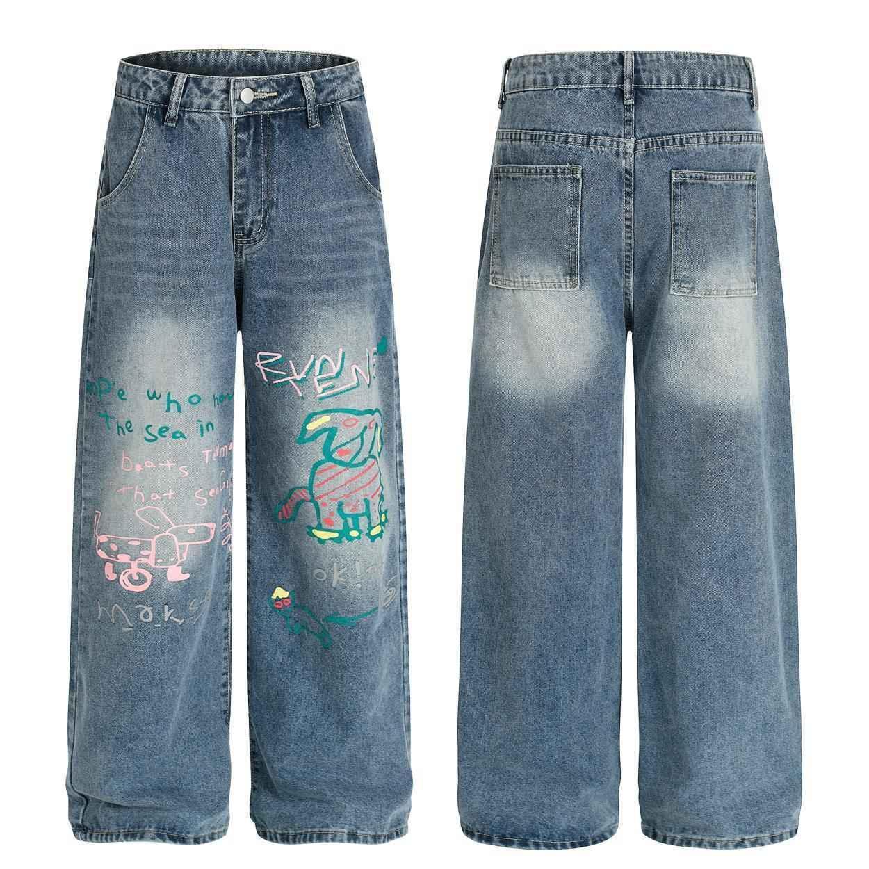 Fun retro graffiti puppy print jeans for women | MuddyStock Originals
