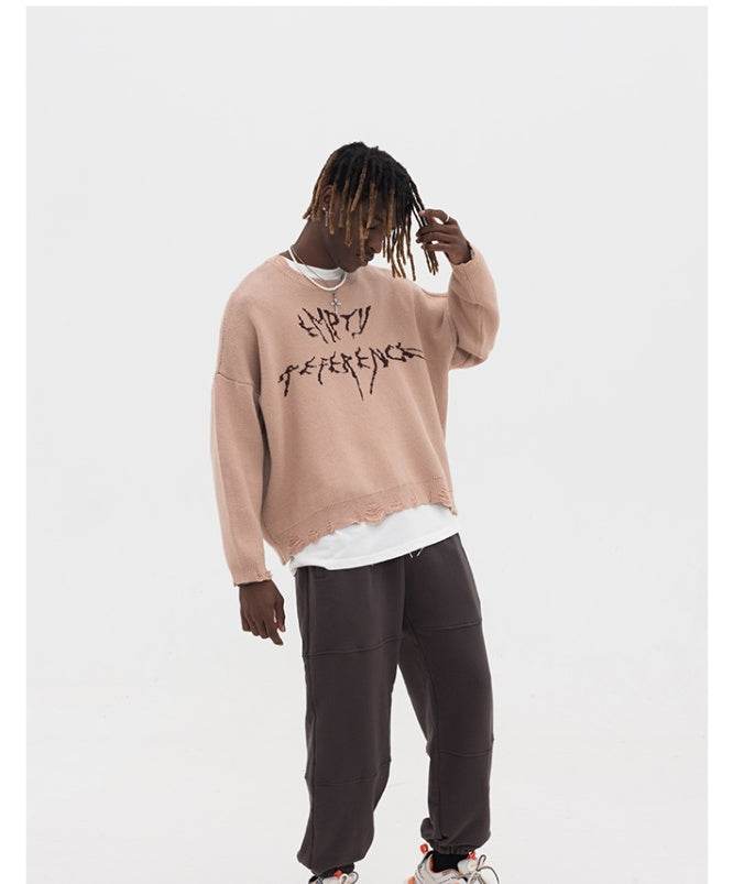 Camel round neck ruined long-sleeved sweater for men MuddyStock