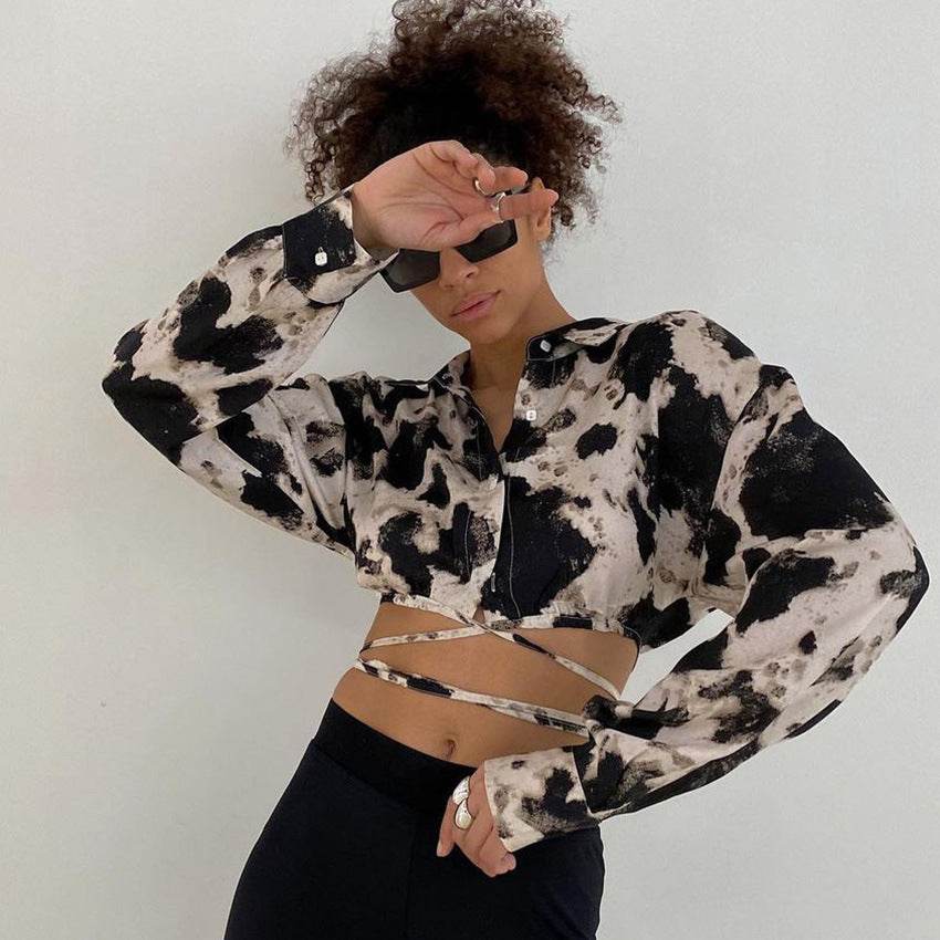 Women's Long Sleeve Tie Dye Lapel French Style Top Black MuddyStock
