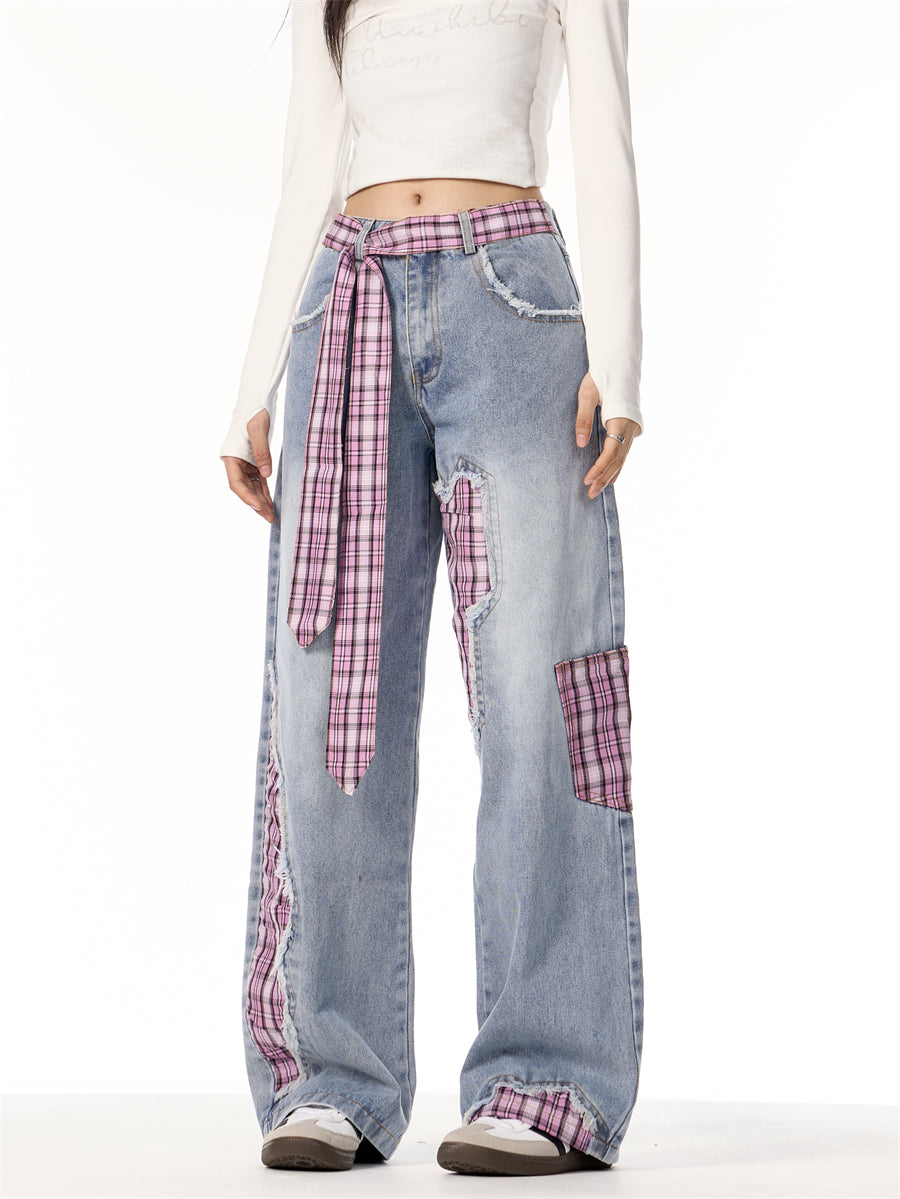 Bowknot Loose Sweet Cool Plaid Stitching Jeans Women's Straight Wide Leg Pants Blue MuddyStock