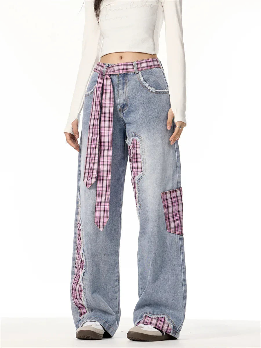 Bowknot Loose Sweet Cool Plaid Stitching Jeans For Women Blue MuddyStock