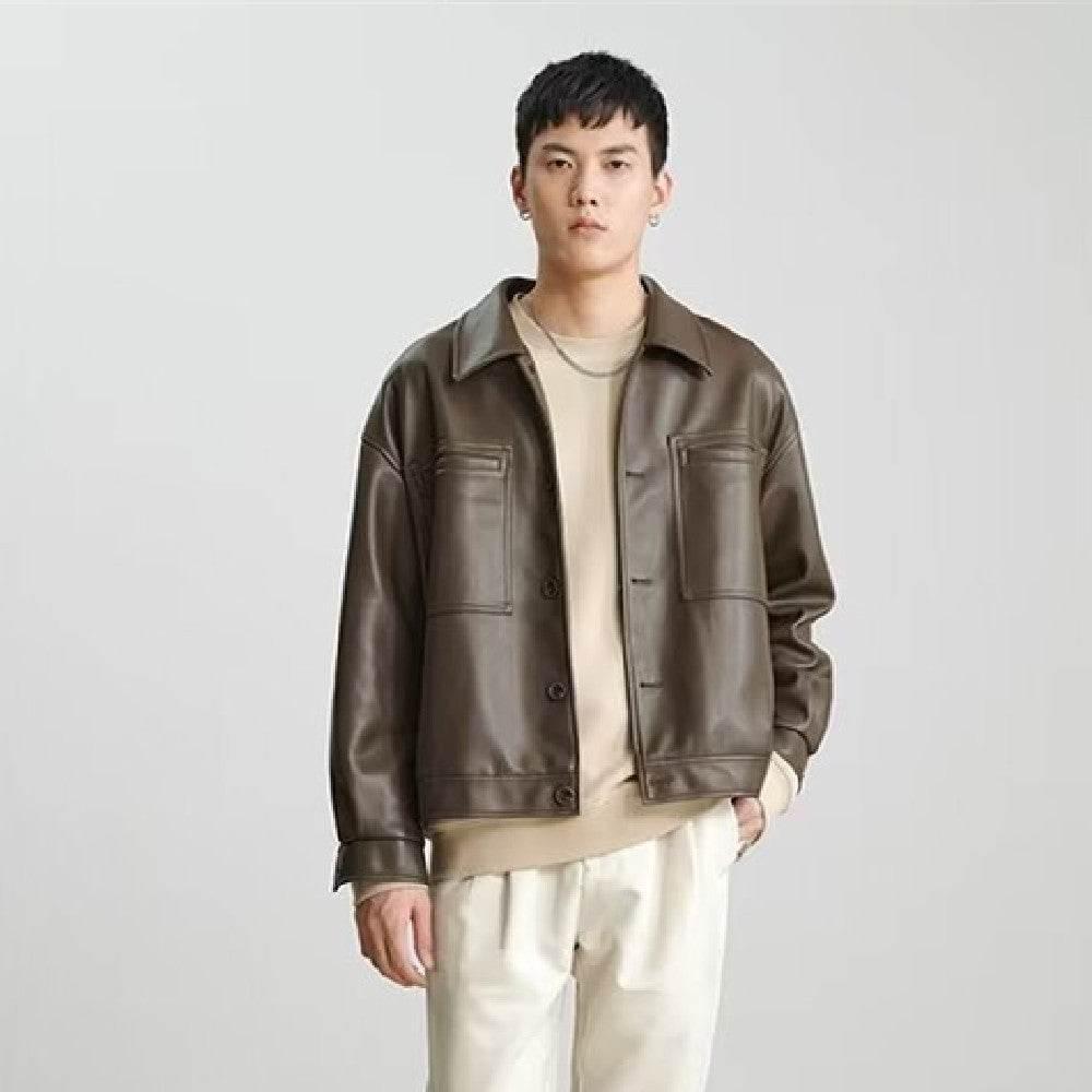 Fashion PU Leather Coat Men's Top Brown