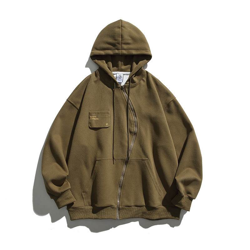 Retro Hooded Sweater Men And Women Irregular Zipper Brown MuddyStock