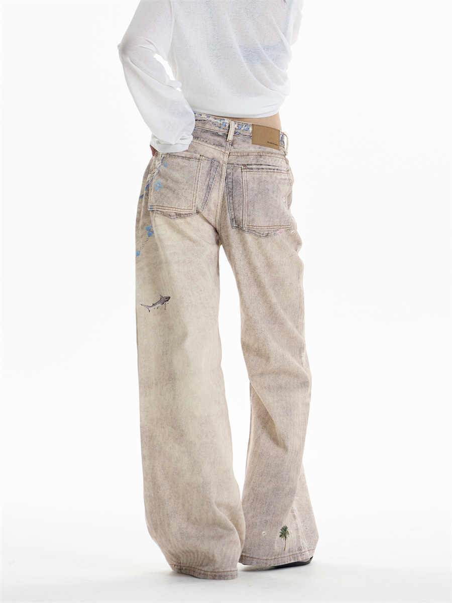 Retro Chain Print Worn Women's Straight Wide-leg Pants MuddyStock