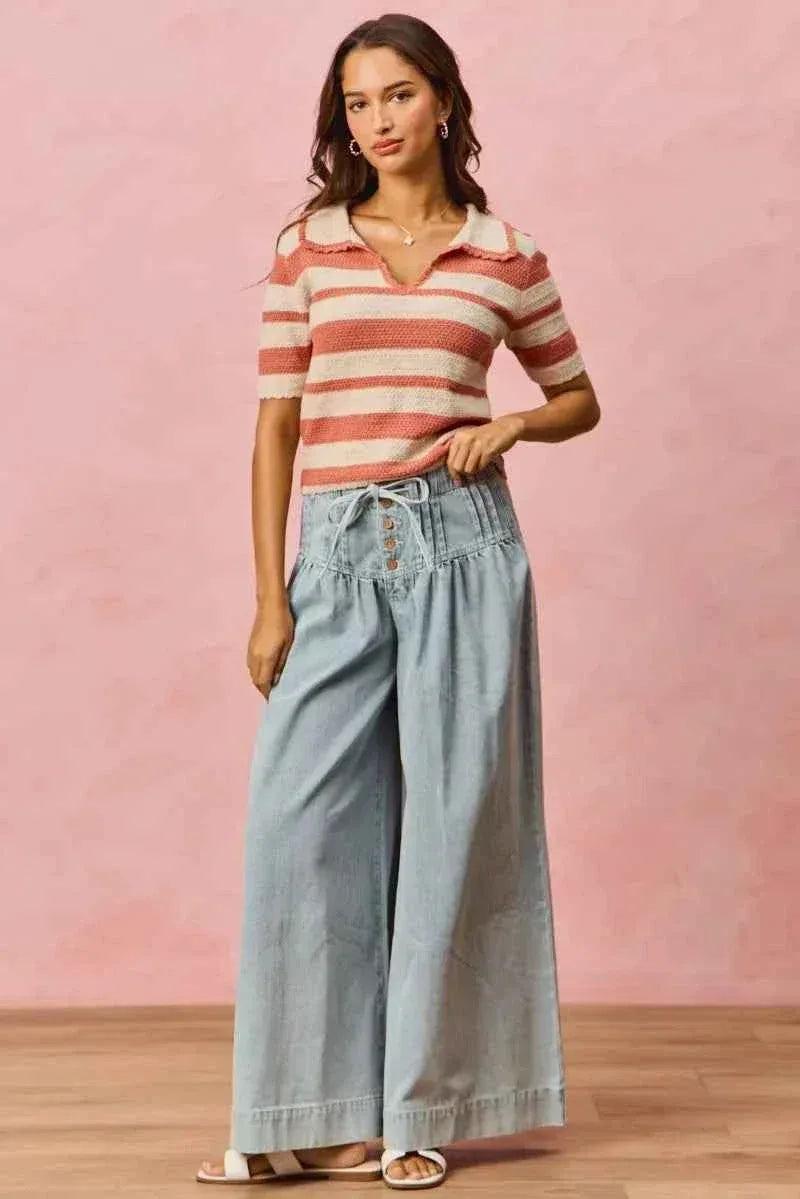Stripe Short Sleeve Cropped Sweater For Women