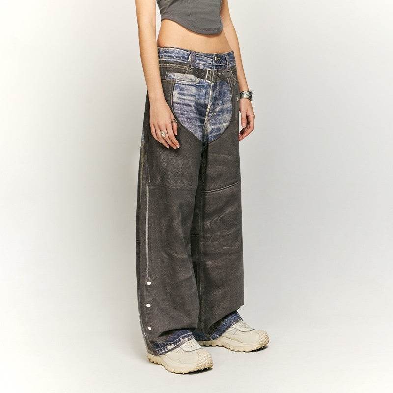 Leather Patchwork Digital Printing Jeans Brand Wide Leg Jeans MuddyStock