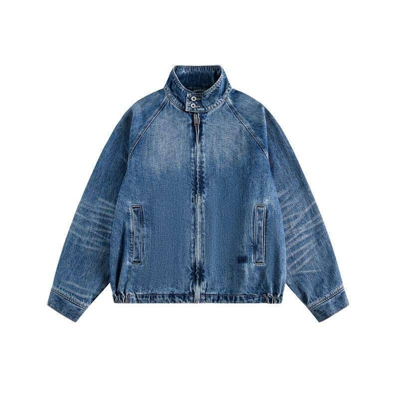 Streetwear Washed Faded Stand Collar Zipper Loose Denim Jacket For Men And Women | MuddyStock Originals Blue