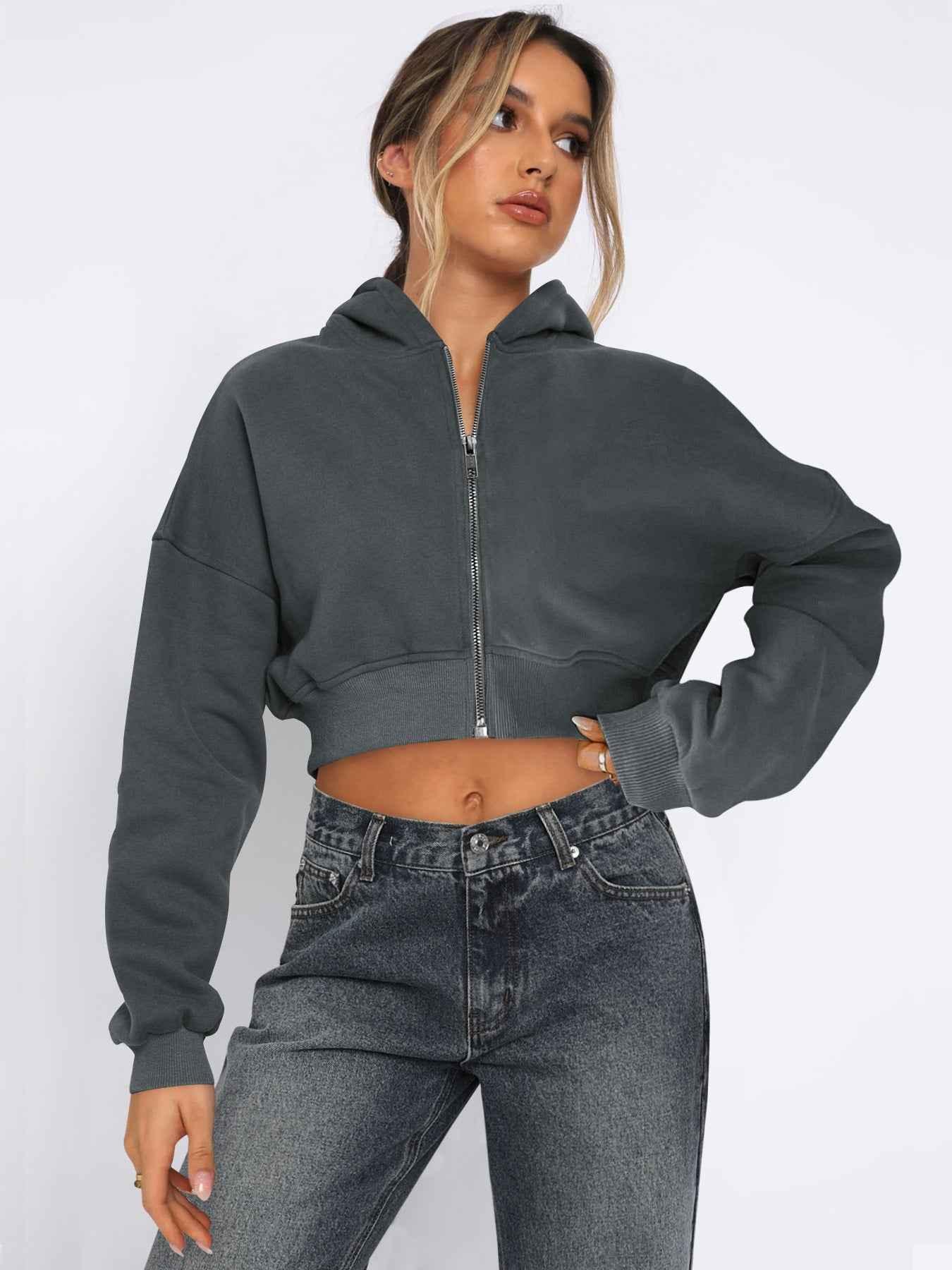 Long Sleeve Fleece Zipper Hoodie For Women Gray