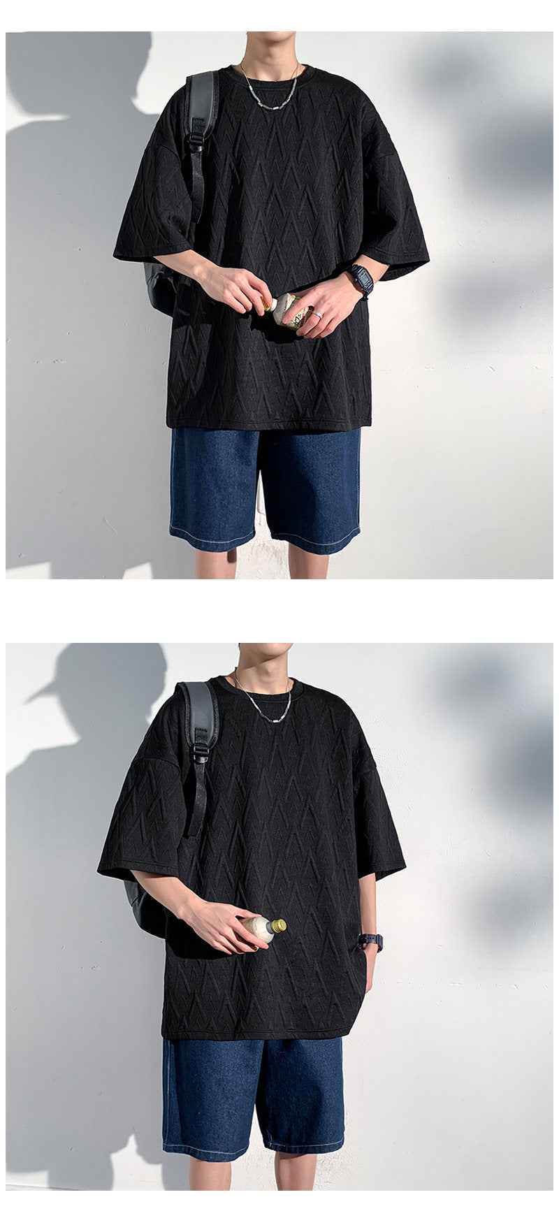 Mid-sleeve Bottoming Shirt Men's Round Neck Jacquard Solid Color Plus Size T-shirt MuddyStock