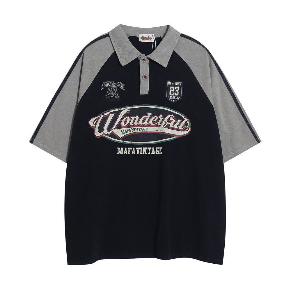 Retro Short Sleeve Loose Polo Shirt Men's Letters Black
