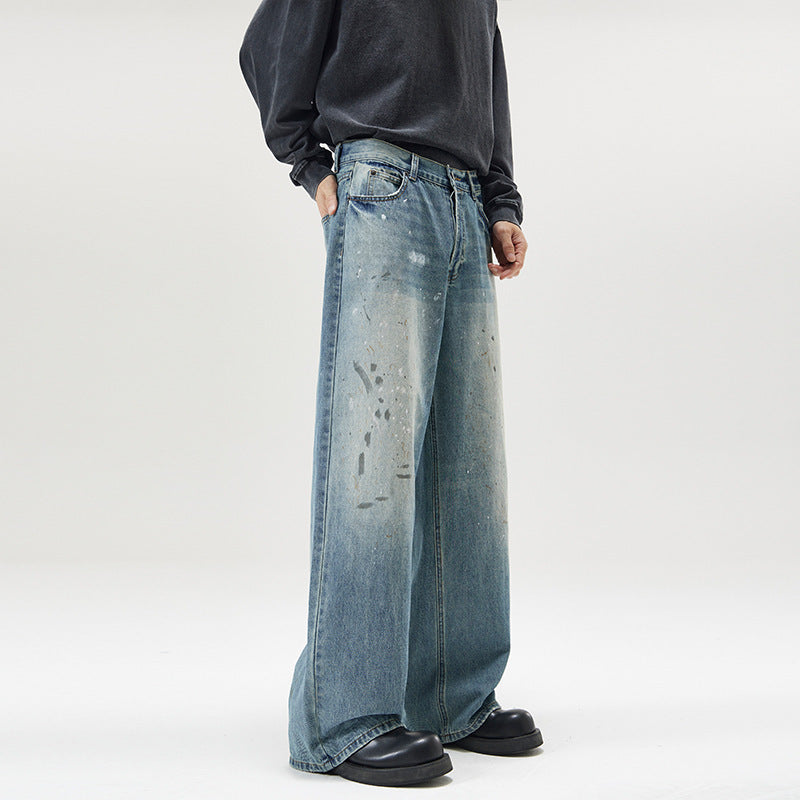 American-style Splash-ink Washed Loose Jeans For Men MuddyStock