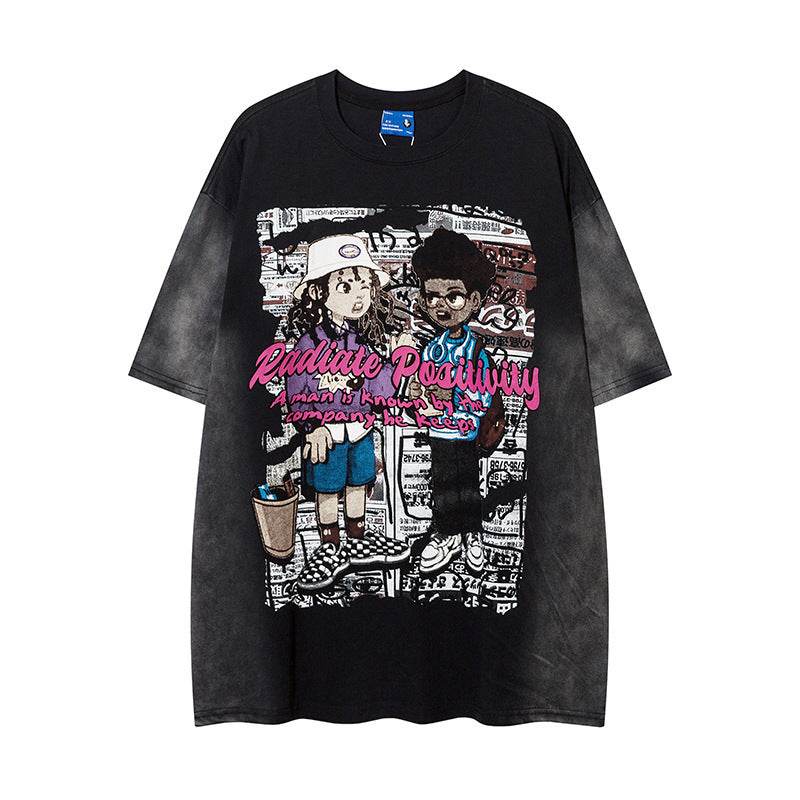 Hand Painted Cartoon Animation Short Sleeve For Men And Women Black MuddyStock