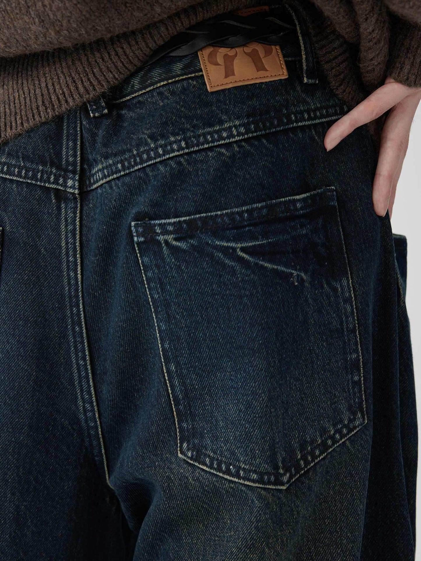 Brown Blue Nano Washing Mouth Reverse Stitching Raw Hem Jeans For Men And Women MuddyStock