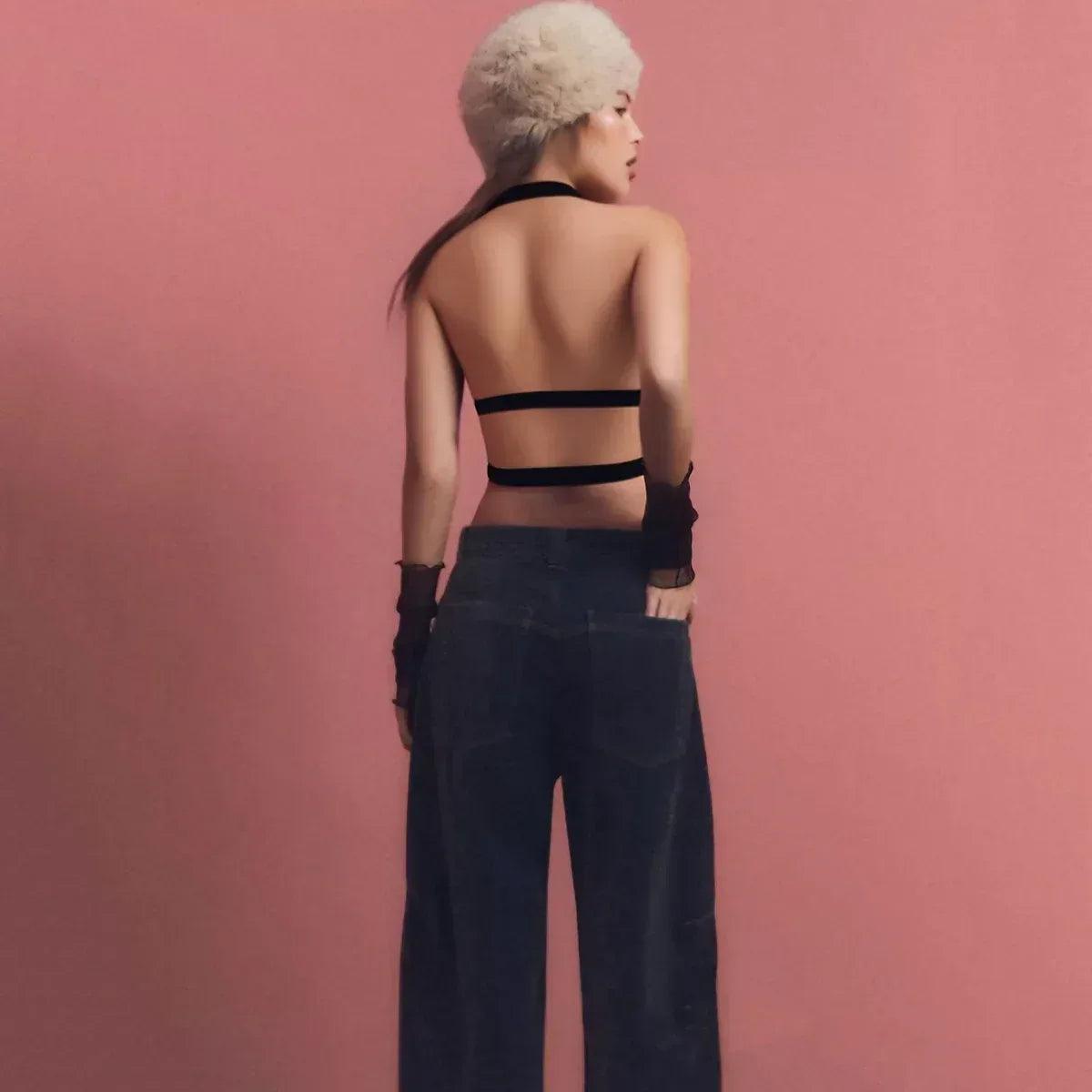 Bare back hanging neck PU leather strapless top | MuddyStock Originals