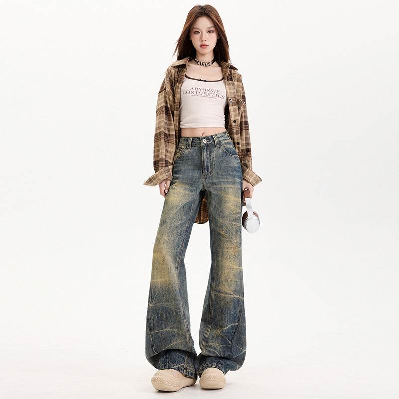 Women's Flared Jeans Low Waist Heavy Work Design Embroidered Trumpet Pants Retro Blue # Extended Length eprolo