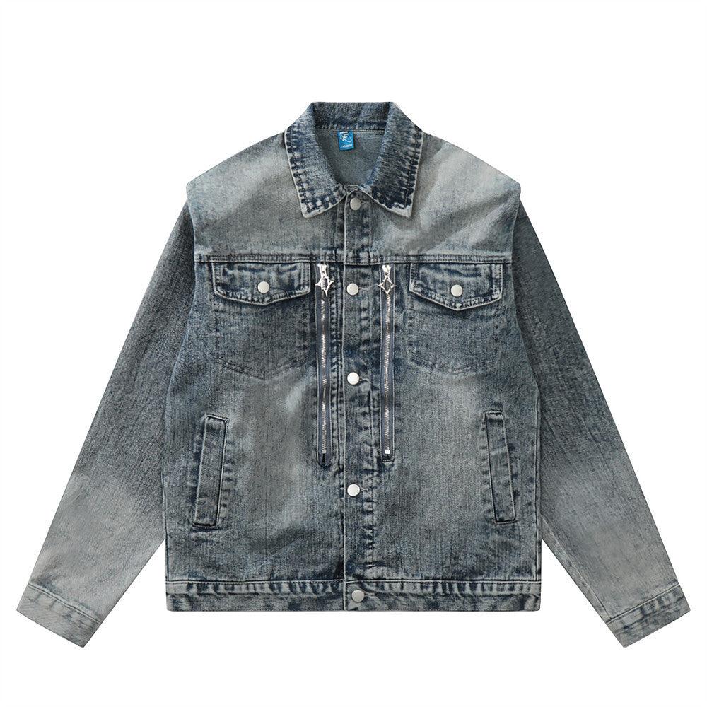 American Style Retro Washed Distressed Denim Jacket For Women Blue null