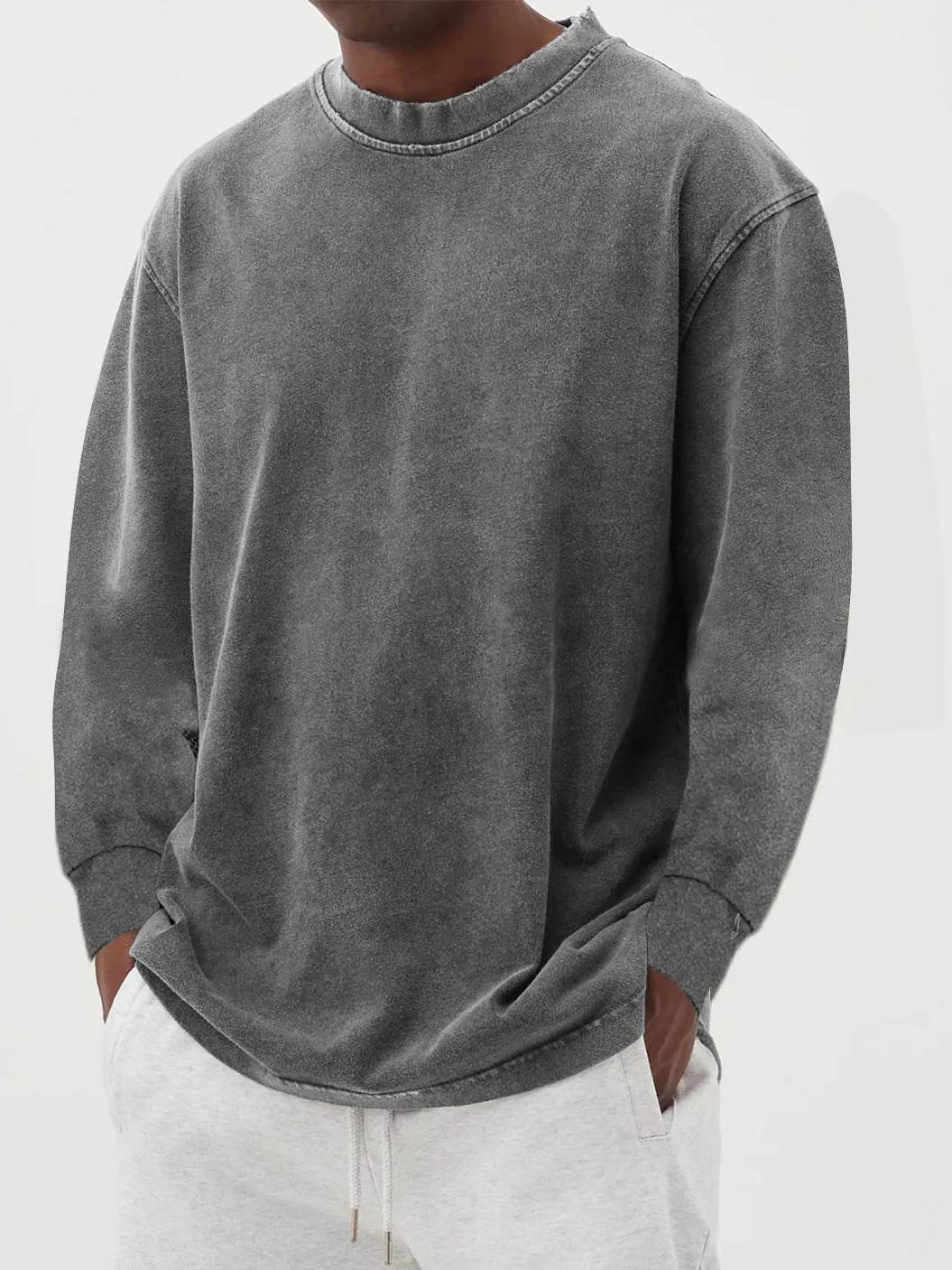 Washed Old Solid Color Men's Long-sleeved T-shirt Gray MuddyStock