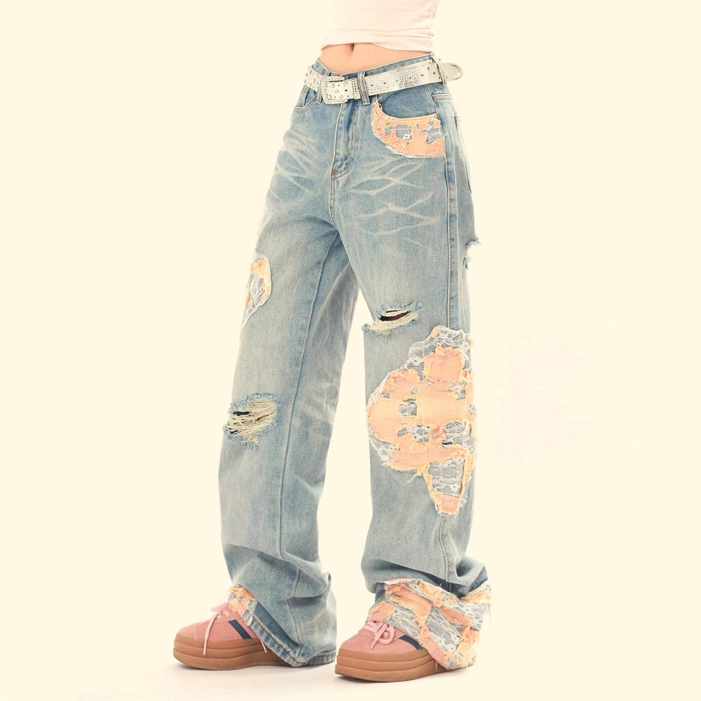 Women's Vintage Lace Stitching Ripped Jeans MuddyStock