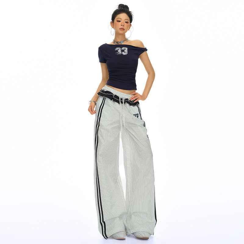 White Striped Casual Pants For Women | MuddyStock Originals Stripe Extended