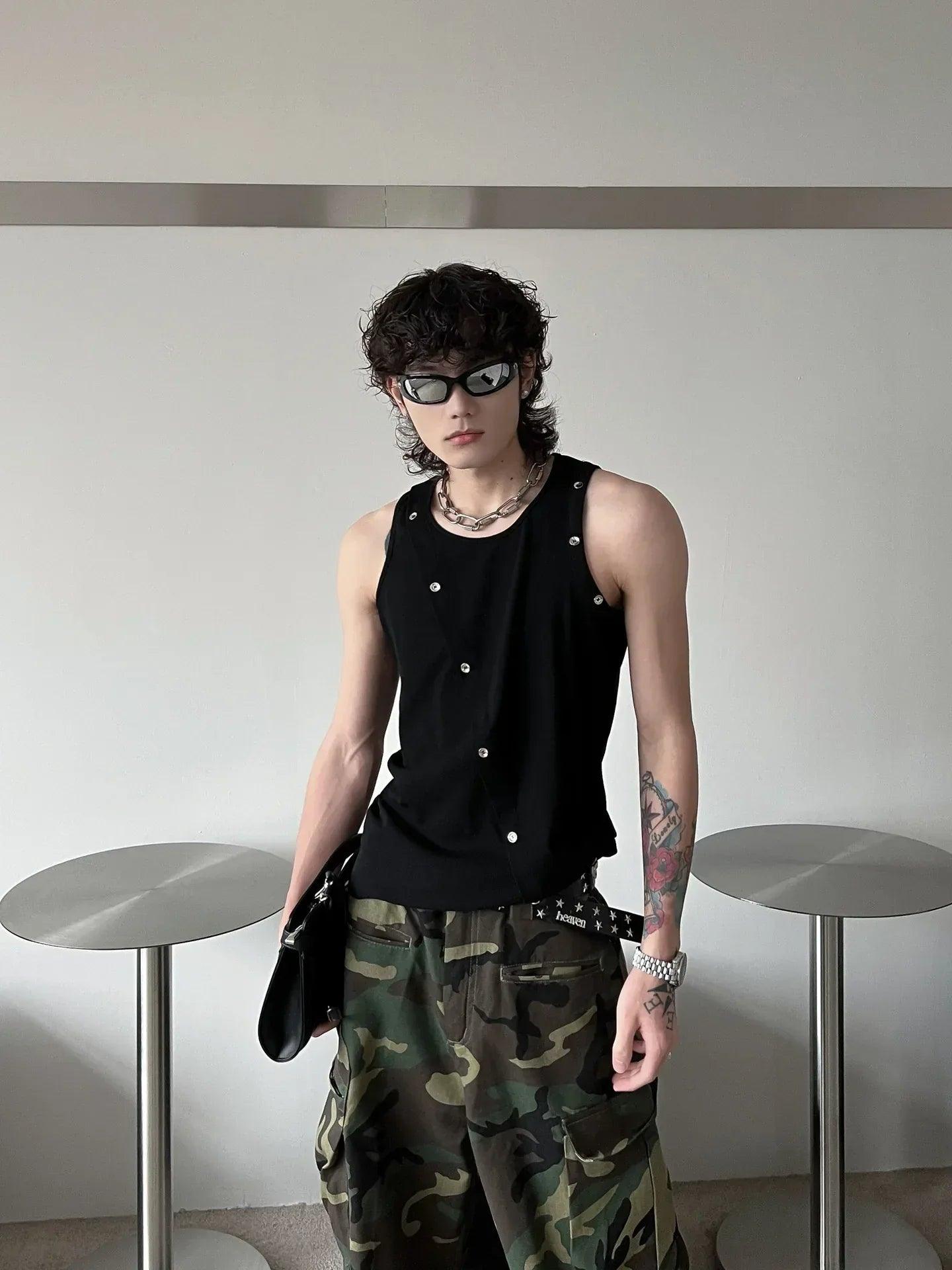 Sleeveless vest metal breasted T-shirt for men | MuddyStock Originals Black