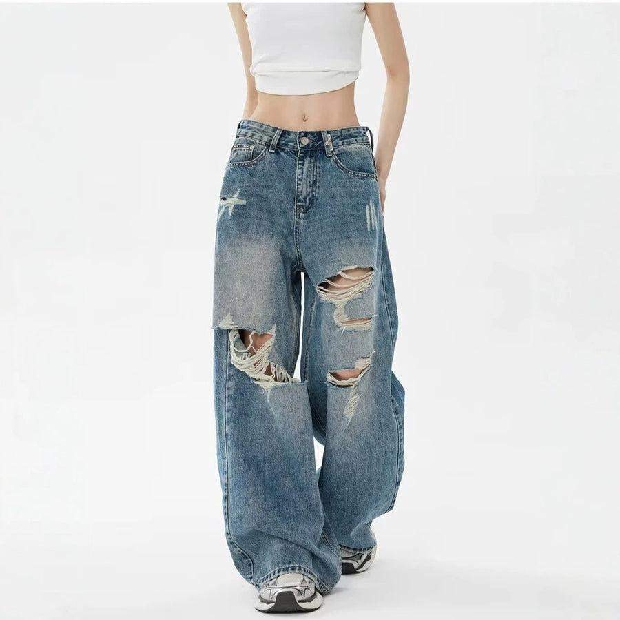Vintage Blue Ripped Washed Denim Pants For Women | MuddyStock Originals