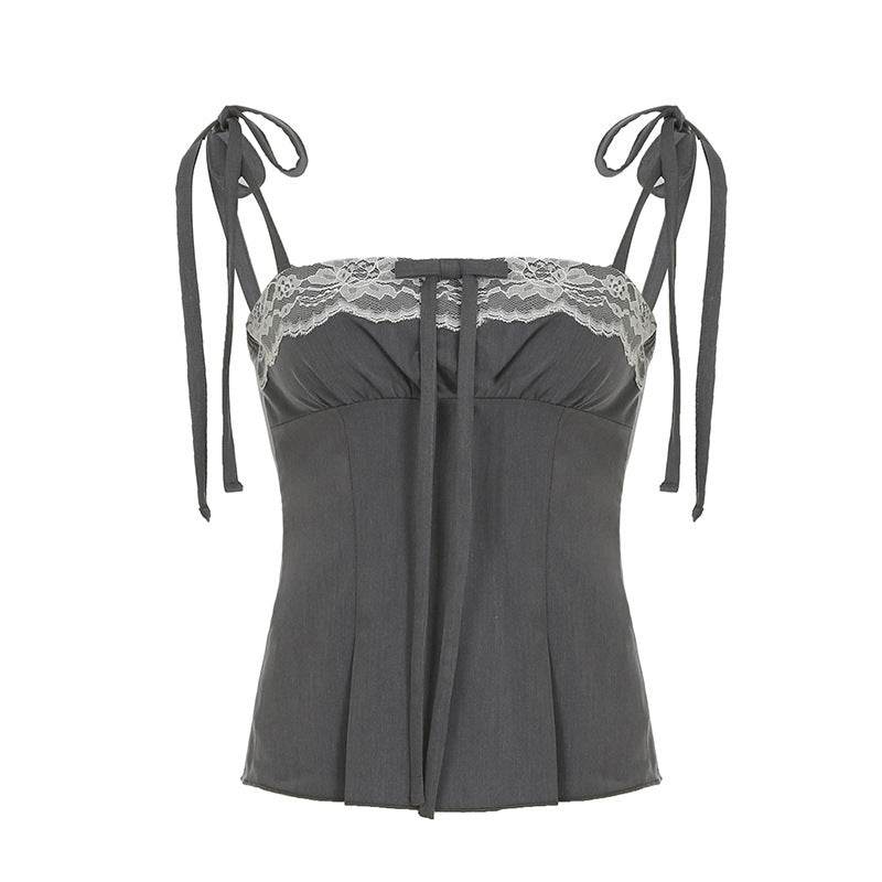 Lace With Bow Splicing Sling Top Gray MuddyStock