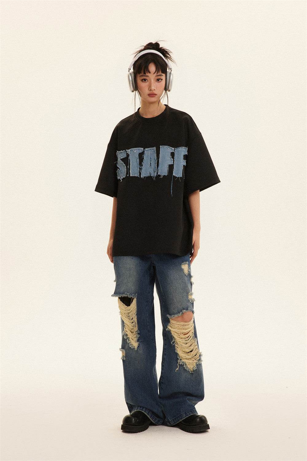 Letter Denim Patch Short Sleeve Clothing MuddyStock